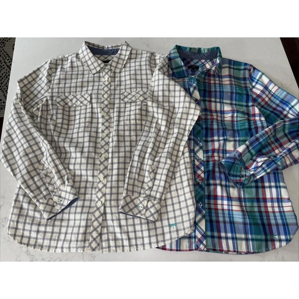 2 Talbots Flannel Shirt Womens LP Plaid Button Front Collar Long Sleeve‎ Cotton